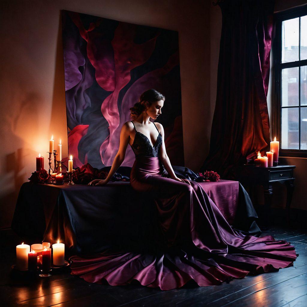 A visually captivating scene of a dimly lit studio filled with alluring, seductive fabrics in rich textures, where an artist is crafting erotic visuals. Soft shadows play across the canvas showing tantalizing silhouettes, creating an intimate atmosphere. Subtle hints of sensuality with tasteful props like candles and rose petals scattered around. The color palette features deep reds, purples, and blacks for a luxurious feel. sensual art style. vibrant colors. soft lighting.